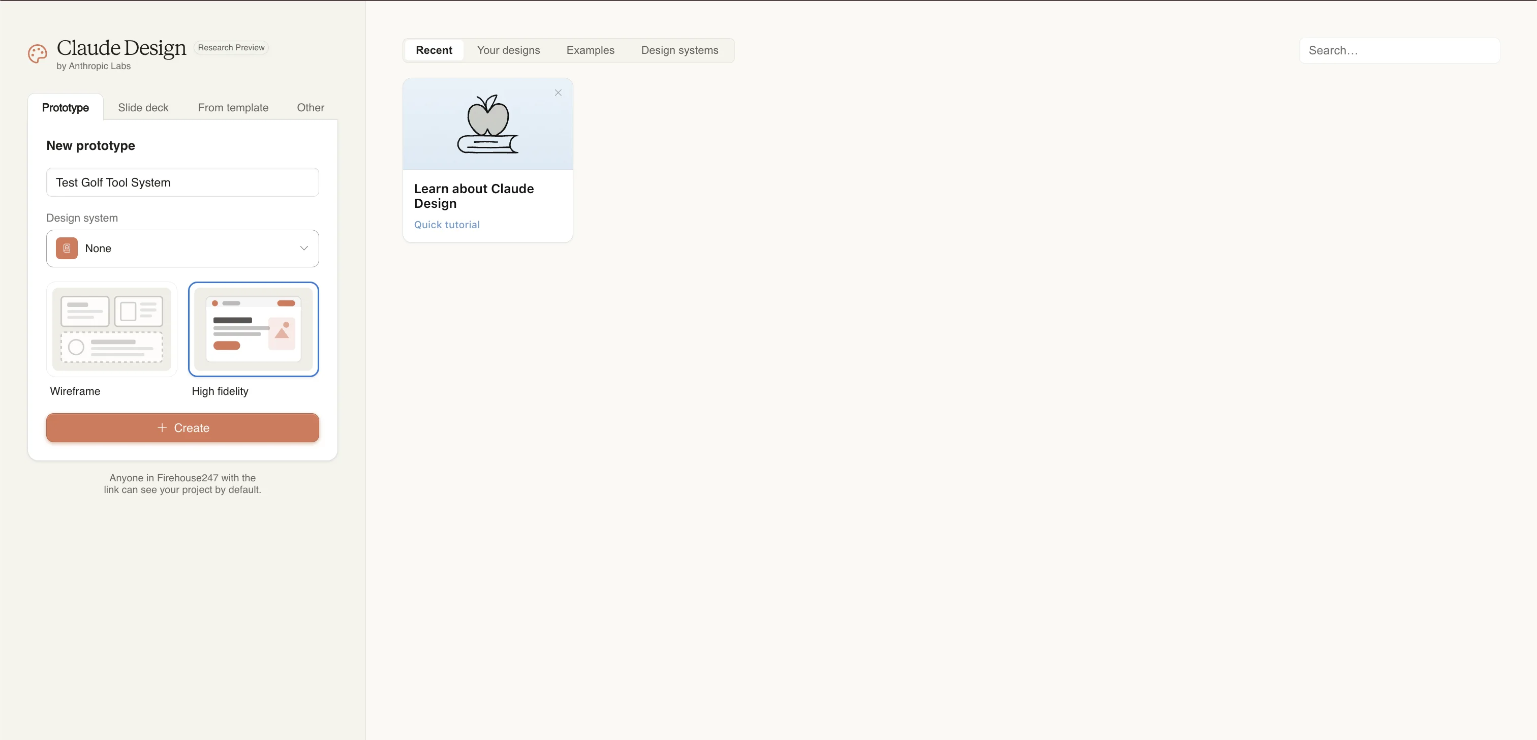 Claude Design dashboard showing the new project creation screen