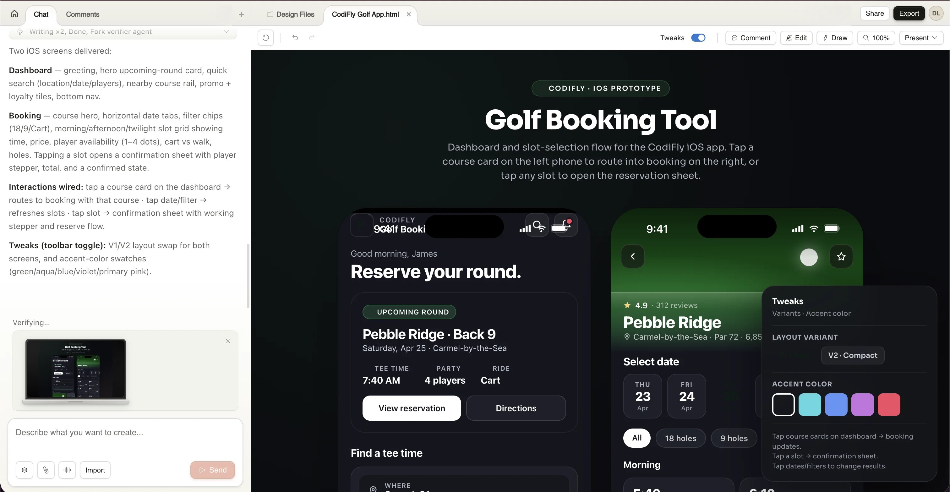First generated design — dark theme golf booking app