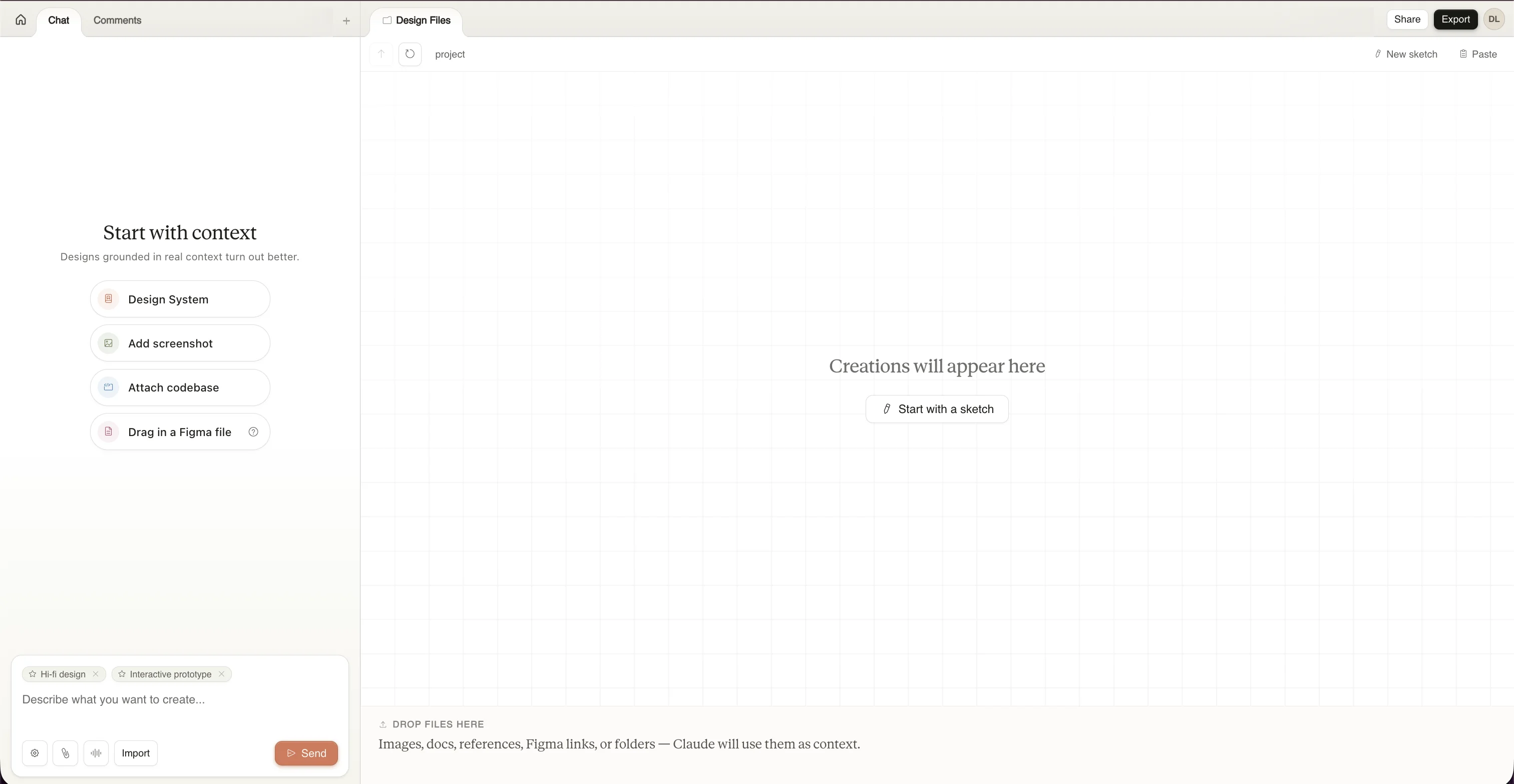 Claude Design project workspace with chat and design files