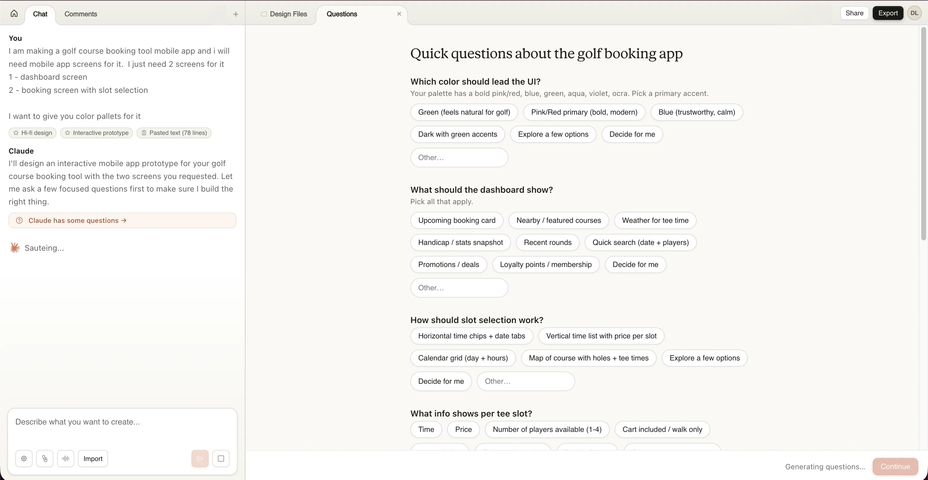 Claude asking follow-up questions about the golf booking app design