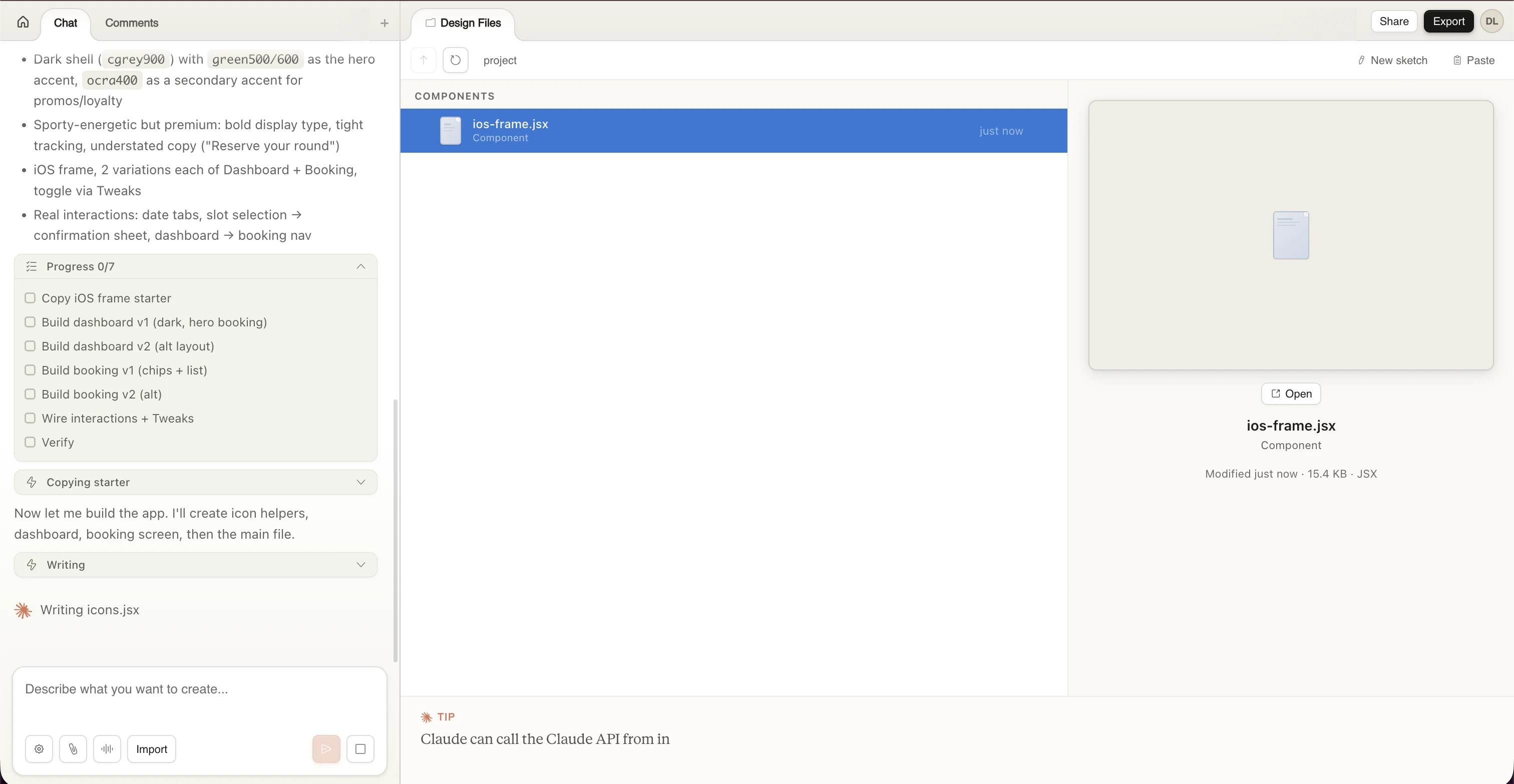 Claude building the design with progress tracker